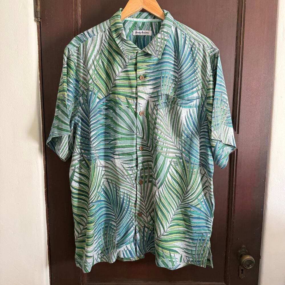 TOMMY BAHAMA | Green and Blue Palm Jungle Print Silk Blend Button down Shirt XL